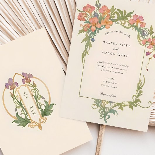 Invitation Élégant Art Nouveau Iris Floral Mariage