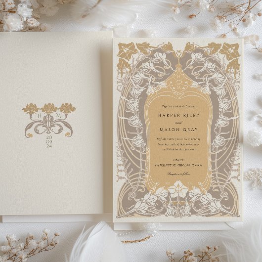 Invitation Elégant Art Nouveau Mariage de couleur crème dorée