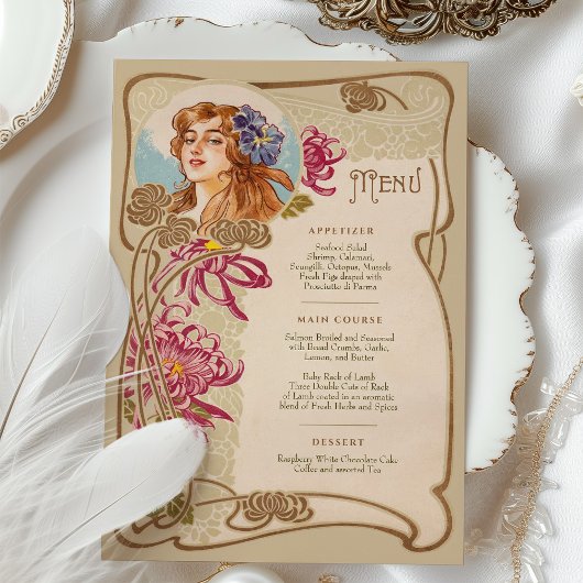 Invitation Elégant Art Nouveau Mariage Menu Dîner Floral