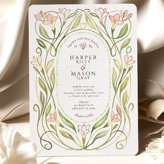 Invitation Élégant Art Nouveau Peach Lily Mariage