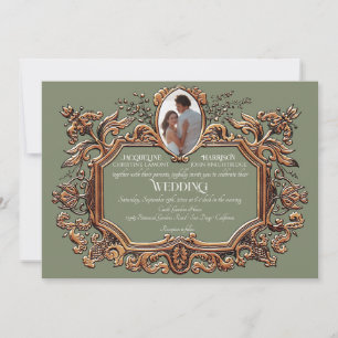 Invitation Elégant Art Nouveau Rococo Gold Sage Mariage photo