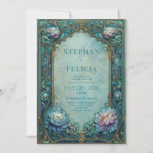 Invitation Elegant Art Nouveau Teal Floral Arched Wedding (Devant)