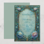 Invitation Elegant Art Nouveau Teal Floral Arched Wedding (Devant / Derrière)
