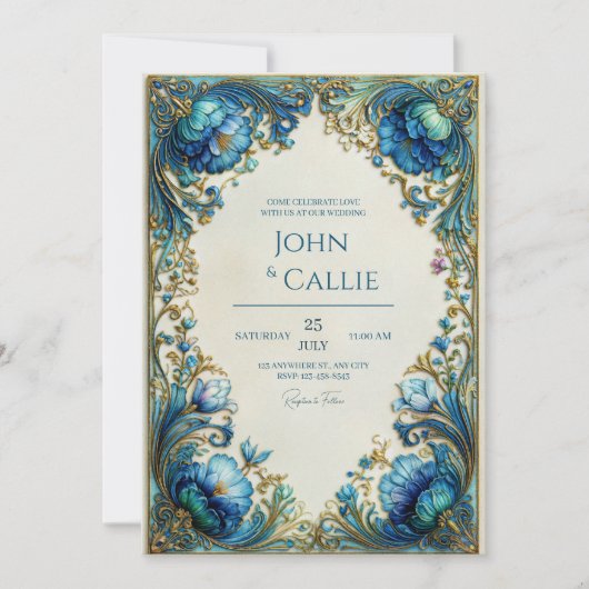 Invitation Elegant Art Nouveau Teal Floral Gilded Wedding (Devant)
