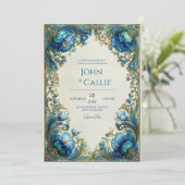 Invitation Elegant Art Nouveau Teal Floral Gilded Wedding (Debout devant)