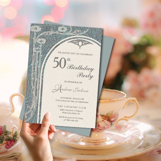 Invitation Elégant Art Nouveau Turquoise & Argent Floral Anni