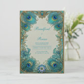 Invitation Elegant Art Nouveau Turquoise Plume Gilded Wedding (Debout devant)