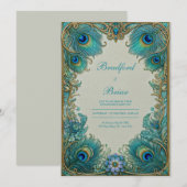 Invitation Elegant Art Nouveau Turquoise Plume Gilded Wedding (Devant / Derrière)