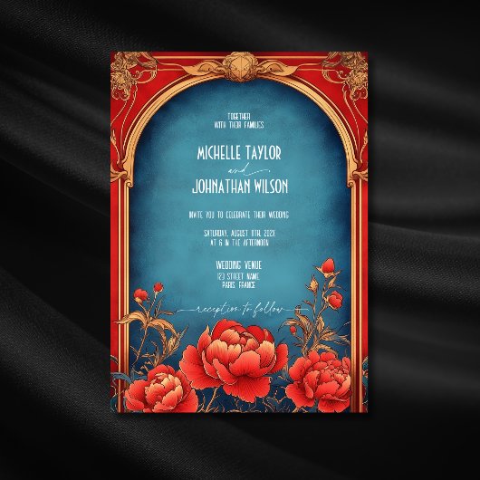 Invitation Elégant Art Nouveau Vintage Peonies rouges Mucha