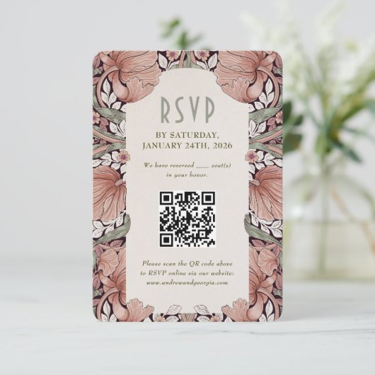 Invitation Elegant Art Nouveau Wedding RSVP Card with QR Code (Debout devant)