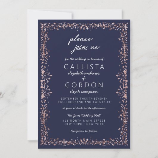 Invitation Elégant Artsy Rose bleu  Gold Mariage frontière (Devant)