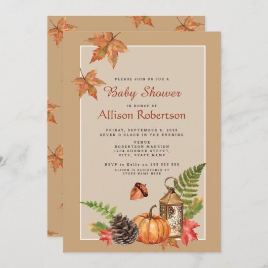 Invitation Élégant automne automne Feuilles Citrouille Baby s (Devant / Derrière)