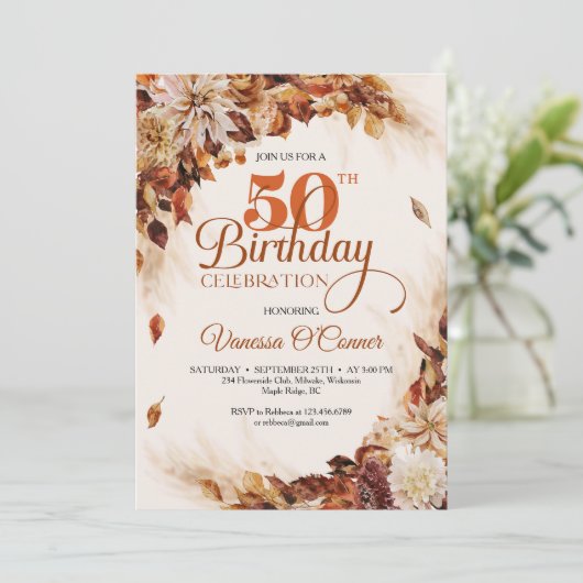 Invitation Élégant automne et automne brûlé orangé feuilles f (Debout devant)