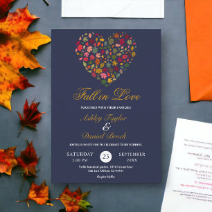 Invitation Élégant automne Feuilles Coeur Marine bleu Mariage