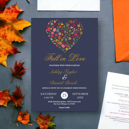 Invitation Élégant automne Feuilles Coeur Marine bleu Mariage