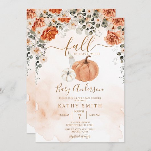 Invitation Élégant automne floral chute en amour Baby shower (Devant / Derrière)