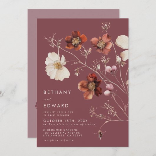 Invitation Élégant automne Floral Mauve Mariage (Devant / Derrière)