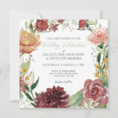 Invitation Élégant automne Mariage floral Bourgogne Blush Ros (Devant)
