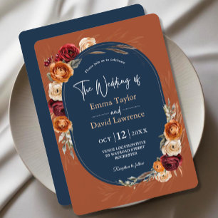 Invitation Élégant automne orange marine floral mariage