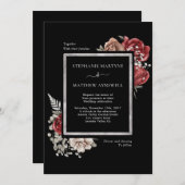 Invitation Élégant automne Rouge Rose Botanique Mariage Noir (Devant / Derrière)
