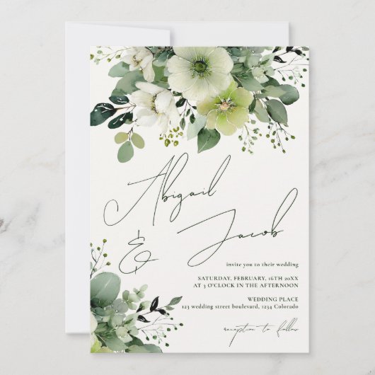 Invitation Élégant automne vert floral tout en un Mariage (Devant)