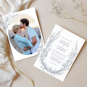 Invitation Élégant Azur Floral d'ivoire Monogramme Mariage ph