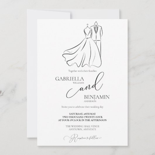 Invitation Élégant B&W Mariage Tux & Robe Mariage formel (Devant)