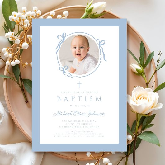 Invitation Elegant Baby Blue Bow Boy Photo Baptism