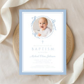 Invitation Elegant Baby Blue Bow Boy Photo Baptism