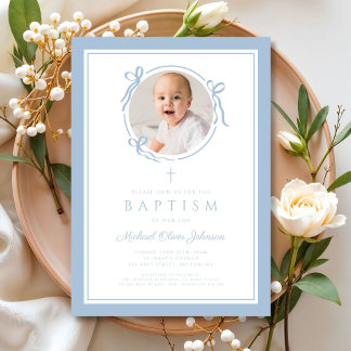 Invitation Elegant Baby Blue Bow Boy Photo Baptism