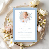 Invitation Elegant Baby Blue Bow Boy Photo Baptism