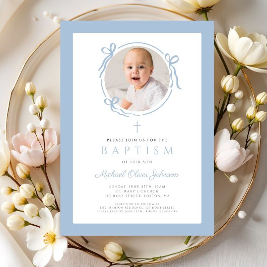 Invitation Elegant Baby Blue Bow Photo Baptism