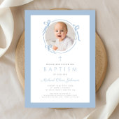 Invitation Elegant Baby Blue Bow Photo Baptism