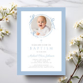 Invitation Elegant Baby Blue Bow Photo Baptism