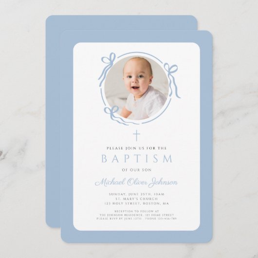 Invitation Elegant Baby Blue Bow Photo Boy Baptism (Devant / Derrière)