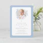 Invitation Elegant Baby Blue Bow Photo Boy Baptism (Debout devant)