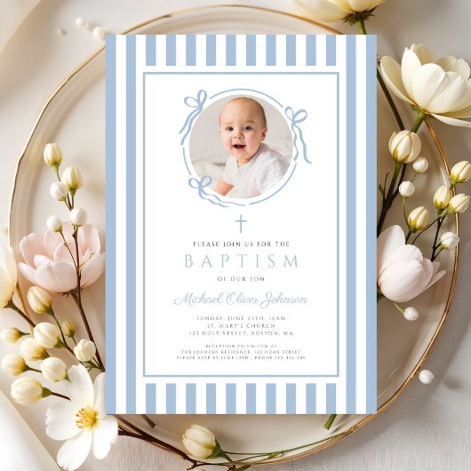 Invitation Elegant Baby Blue Bow Photo Boy Baptism