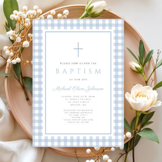 Invitation Elegant Baby Blue Gingham Boy Baptism