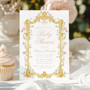 Invitation Élégant Baby shower à cadre rose enchanté