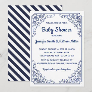 Invitation Elégant Baby shower à cadre tourbillon bleu