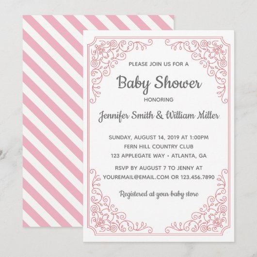 Invitation Élégant Baby shower à cadre tourbillon rose (Devant / Derrière)