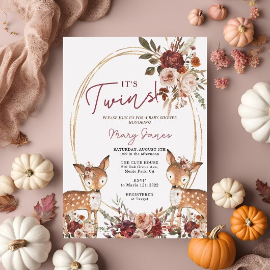 Invitation Elégant Baby shower à fleurs Twin Deer Marsala