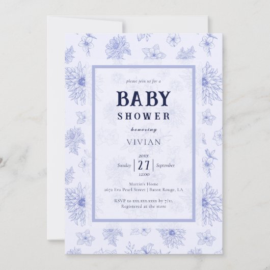 Invitation Elégant Baby shower à motif floral bleu neutre (Devant)