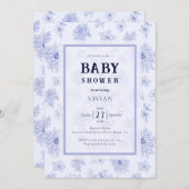 Invitation Elégant Baby shower à motif floral bleu neutre (Devant / Derrière)