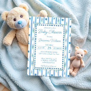 Invitation Élégant baby shower à rayures bleues modernes