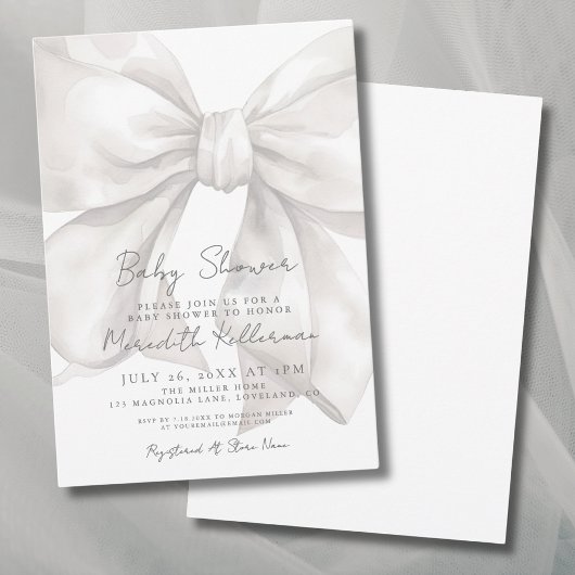 Invitation Elégant Baby shower Aquarelle Blanc Bow