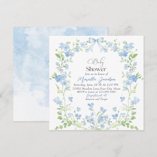 Invitation Elégant Baby shower Aquarelle Bleu Fleurs (Devant / Derrière)