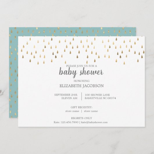 Invitation Élégant Baby shower Bébé Bleu & Or Raindrops (Devant / Derrière)