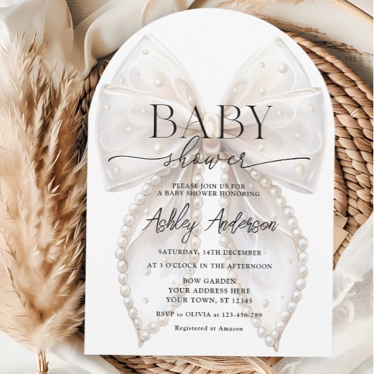Invitation Elégant Baby shower blanc Pearl Bow
