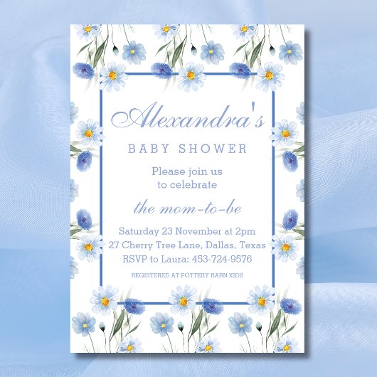 Invitation Elégant Baby shower bleu bleu floral Boho
